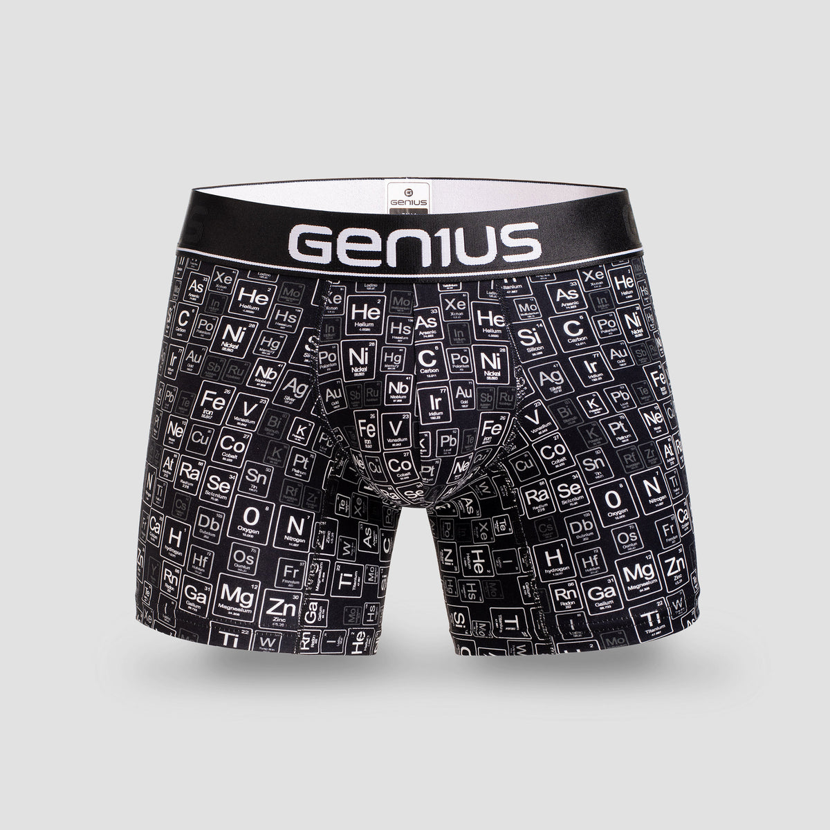 Bóxer Elemental Genius – estampado tabla periódica, vista frontal