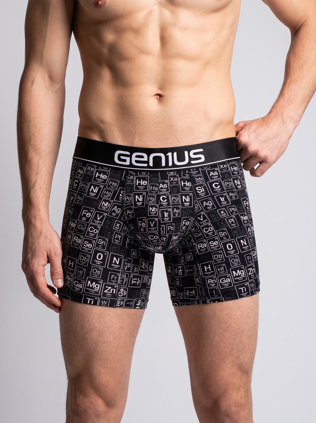 Bóxer Elemental Genius – modelo vista frontal, estampado tabla periódica